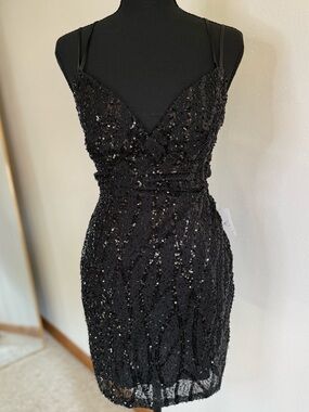 Black Sequin Bodycon Mini Dress Lace Up Back Party Cocktail Windsor Size M
